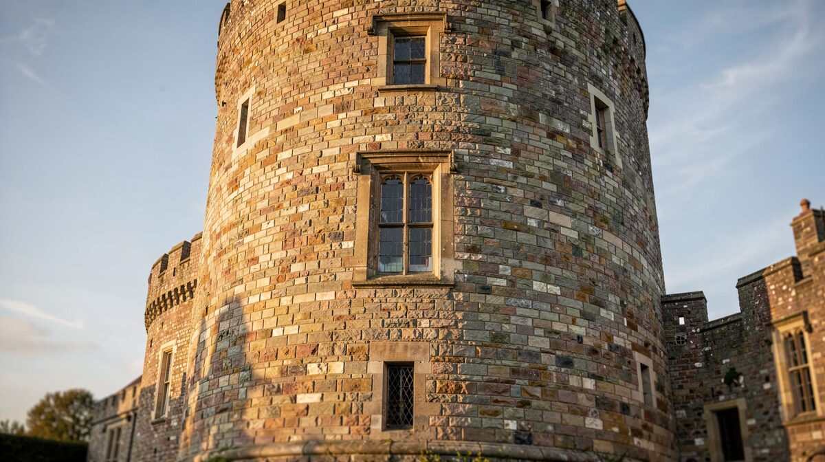 Den normanniske donjon i Castle Hedingham fotograferet fra forneden i sidste eftermiddagslys, med murværkets skifter og vinduessættelser tydelige i billedfladen.