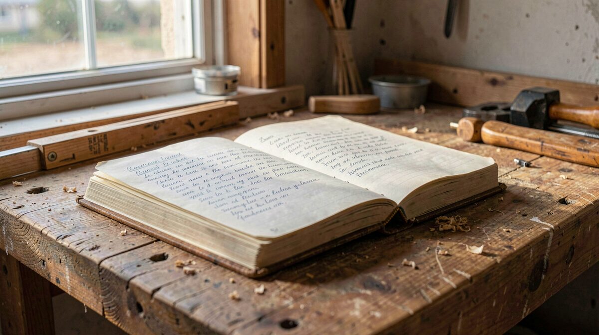 Et opslået håndskrevet håndværkerjournal på en træbænk på en byggeplads, morgensollyse fra et vindue, nærbillede i sidevinkel.