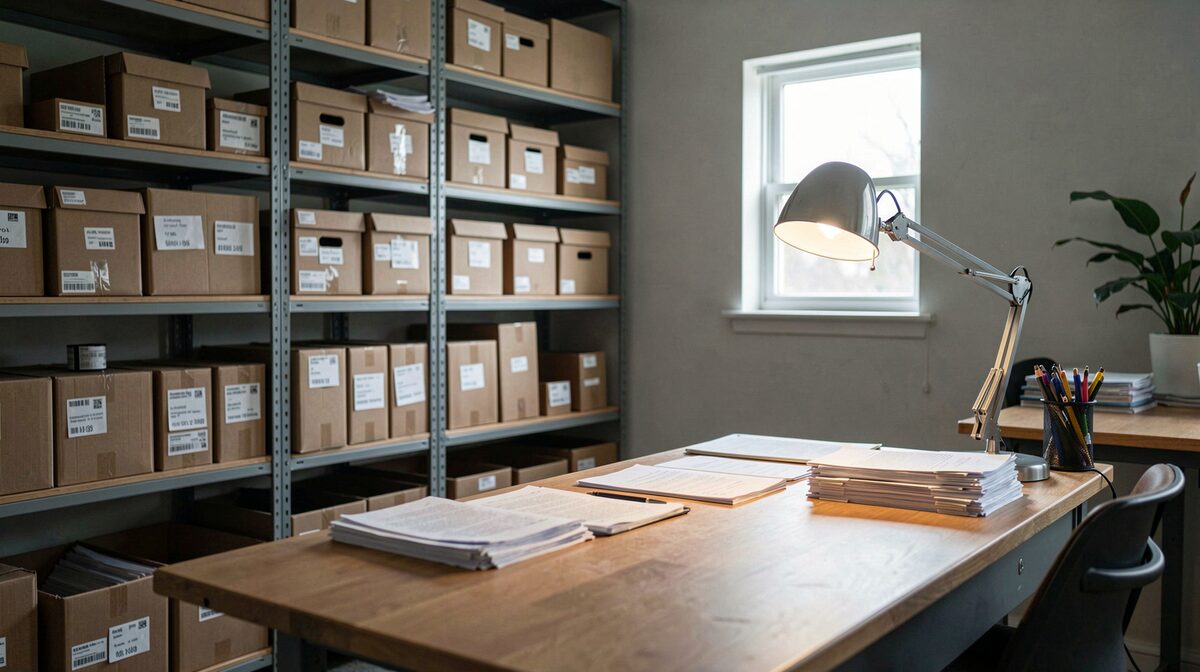 Et arkivrum med hylder i kasser og en arbejdsbord med papirer og lampe, køligt dagslys fra en lille vindue, fotograferet i profilset vinkel.