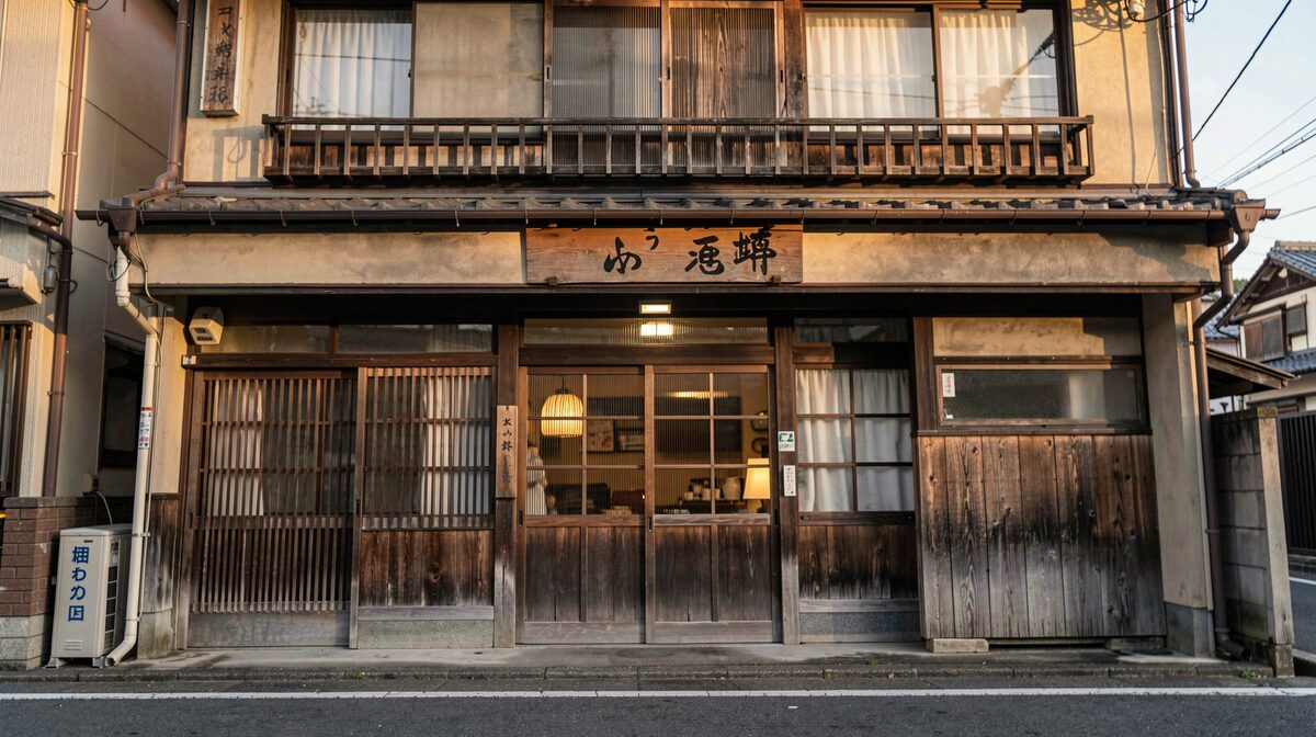 En japansk bygnings facade i aftenlys med et skilt på japansk, filmet lige på fra gadeniveau